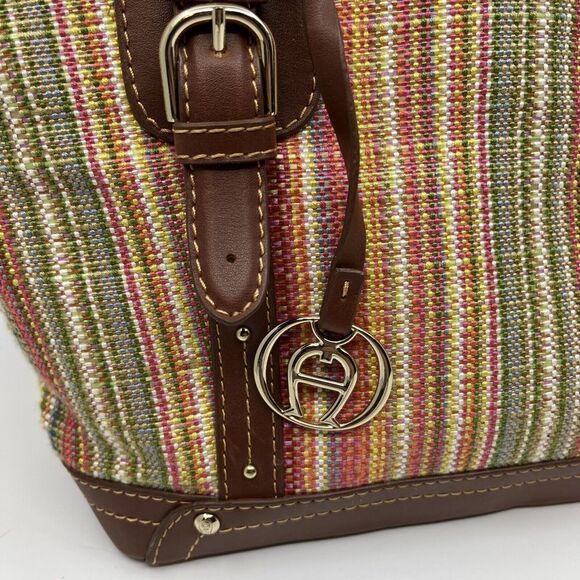 Etienne Aigner Woven Striped Purse Shoulder Bag Brown 10" X‎ 9"X 4" Bag Charm - Picture 2 of 16